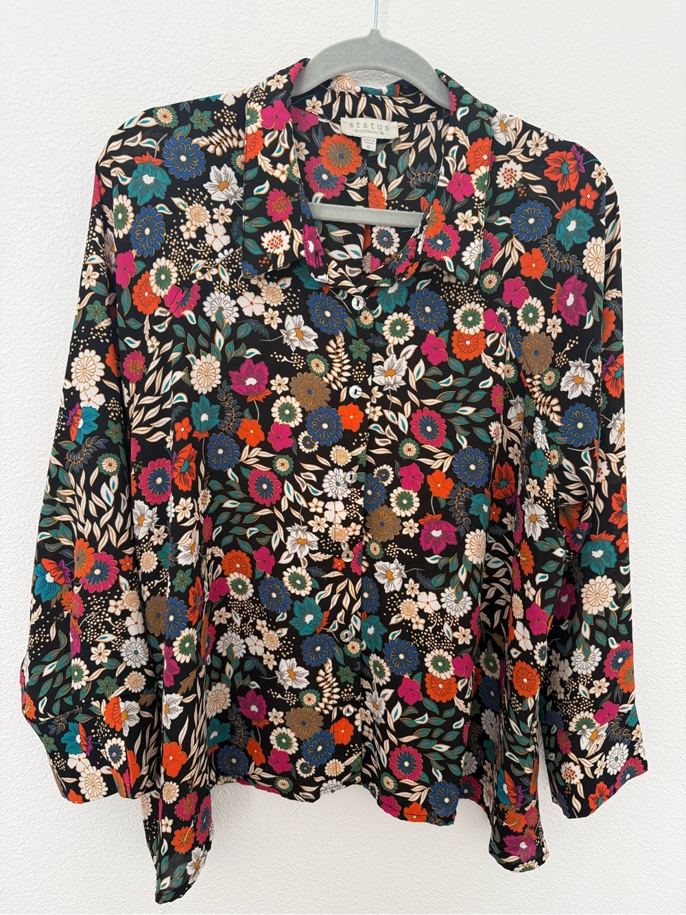 Chenault Floral Print Long Sleeve Button Front Blouse Top Black Colorful XL - Picture 2 of 14